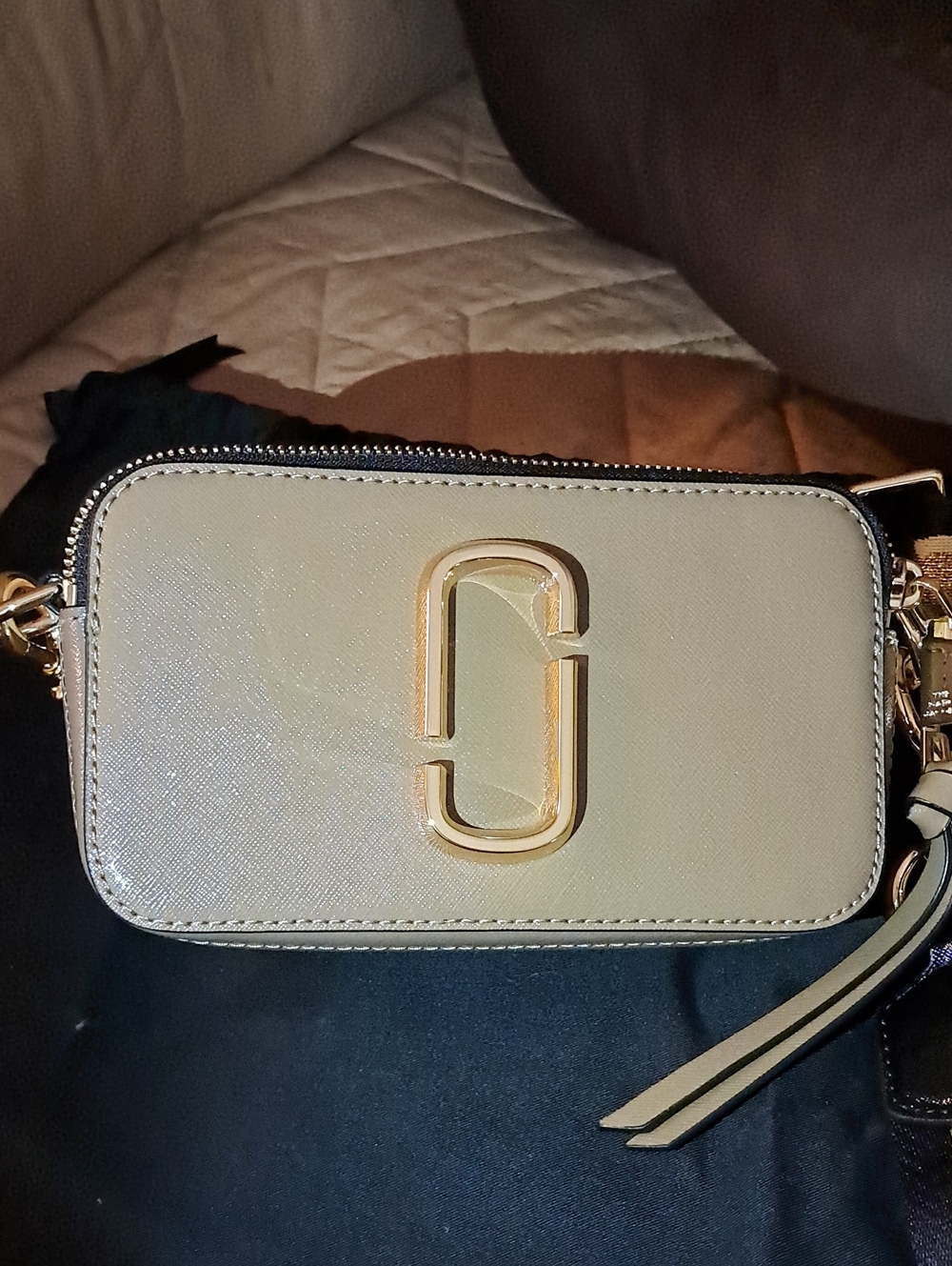 Marc Jacobs Tan and Cream Snapshot Double-Zip Crossbody Bag with Gold Hardware